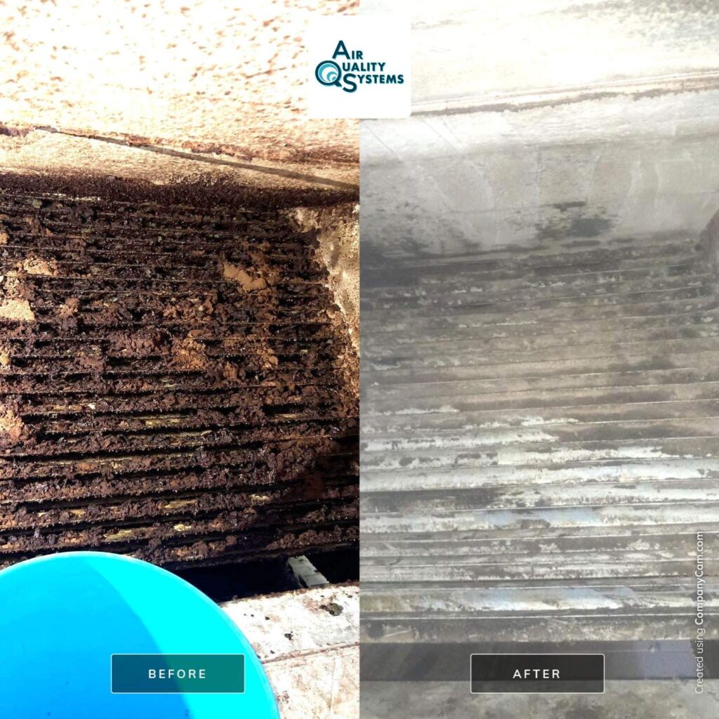 Dirty and clean air duct comparison showing the effectiveness of professional duct cleaning services