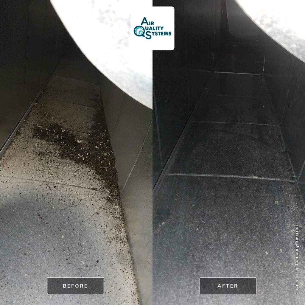 Before & after images of dirty vs. clean air ducts, showing the effectiveness of our duct cleaning services.