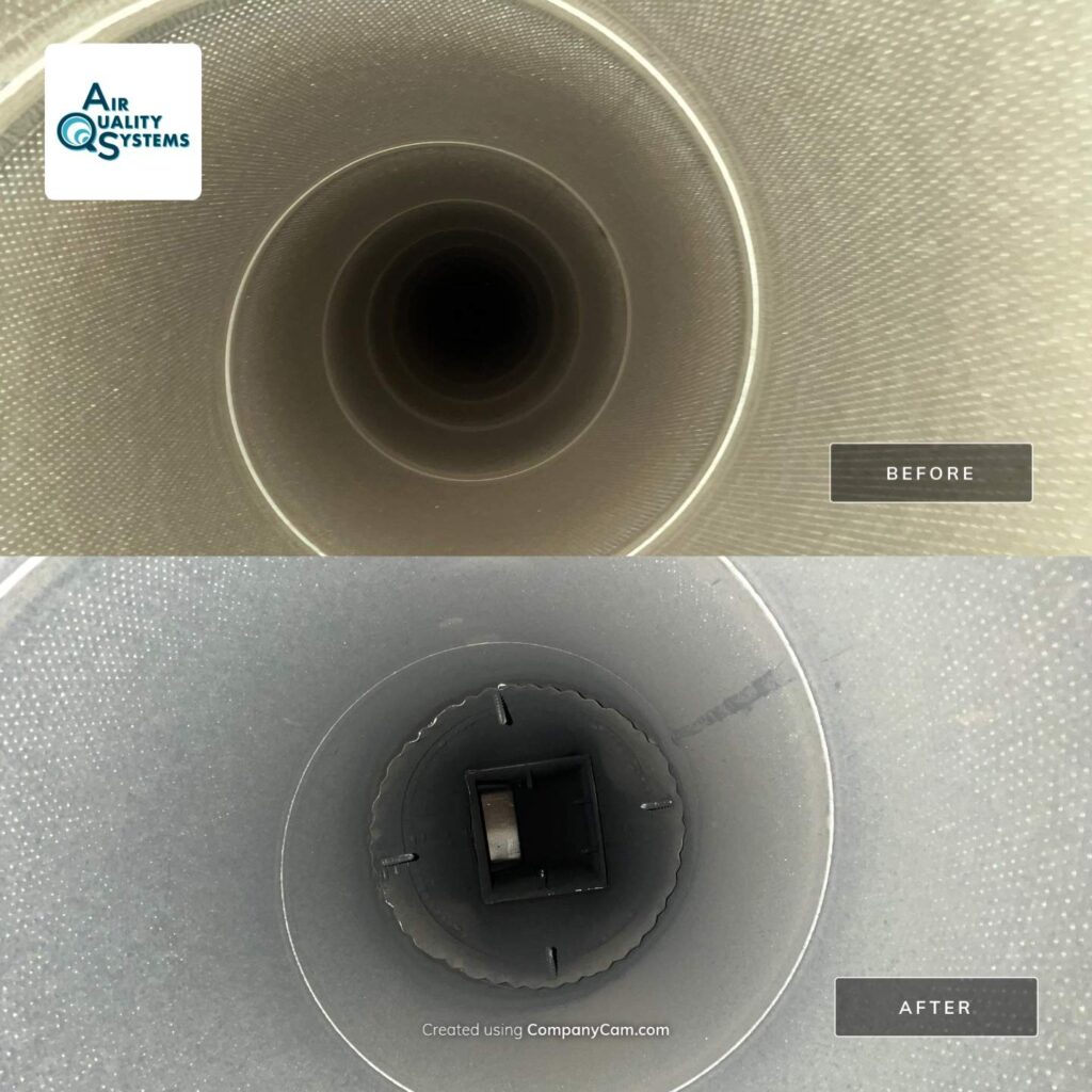 Air duct before and after cleaning comparison, demonstrating thorough removal of built-up debris by Air Quality Systems.