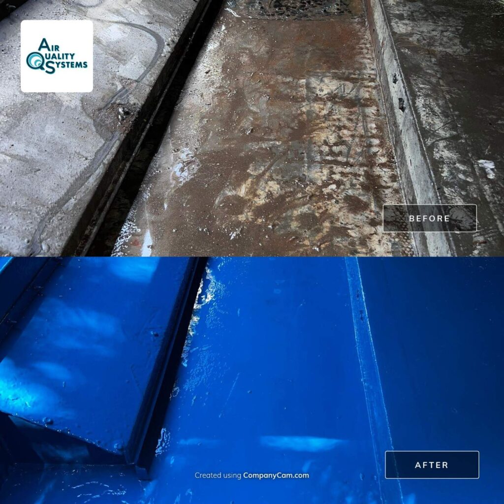Before and after images showing commercial air duct cleaning results, removing dirt and debris buildup