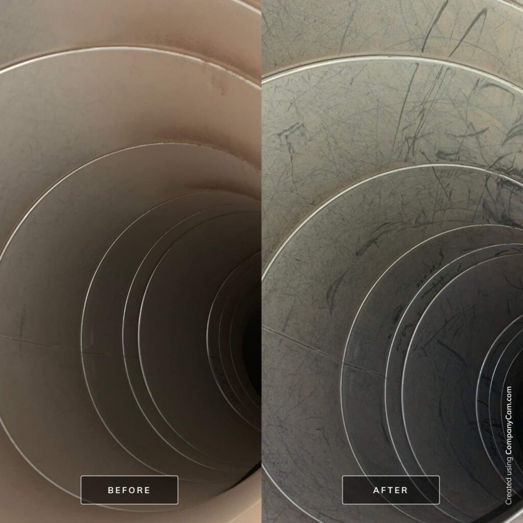 Before and after images showing effective air duct cleaning, removing built-up dust and debris