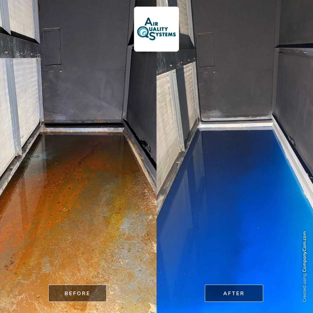 Before and after comparison of commercial air duct cleaning, showing dirty rust-colored ducts transformed to clean blue.