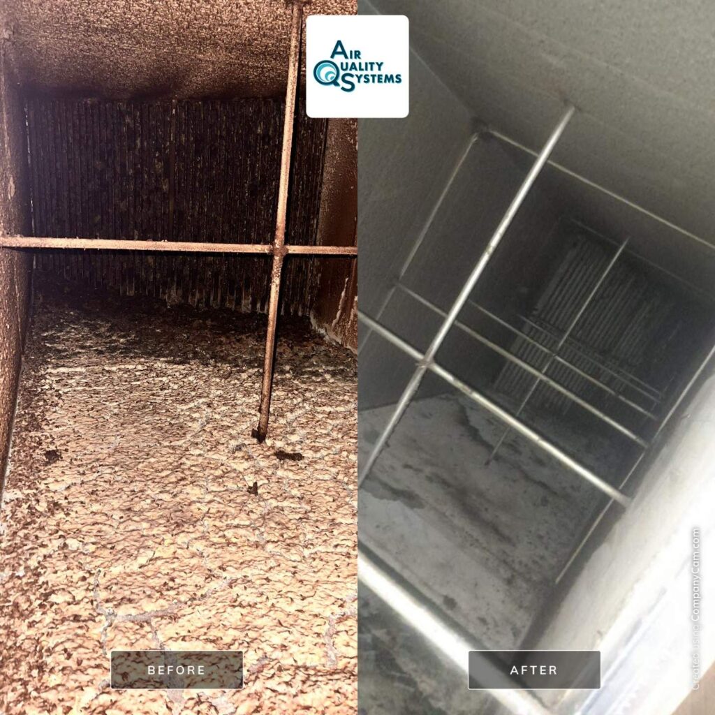 Dirty air duct before cleaning compared to clean duct after Air Quality Systems service