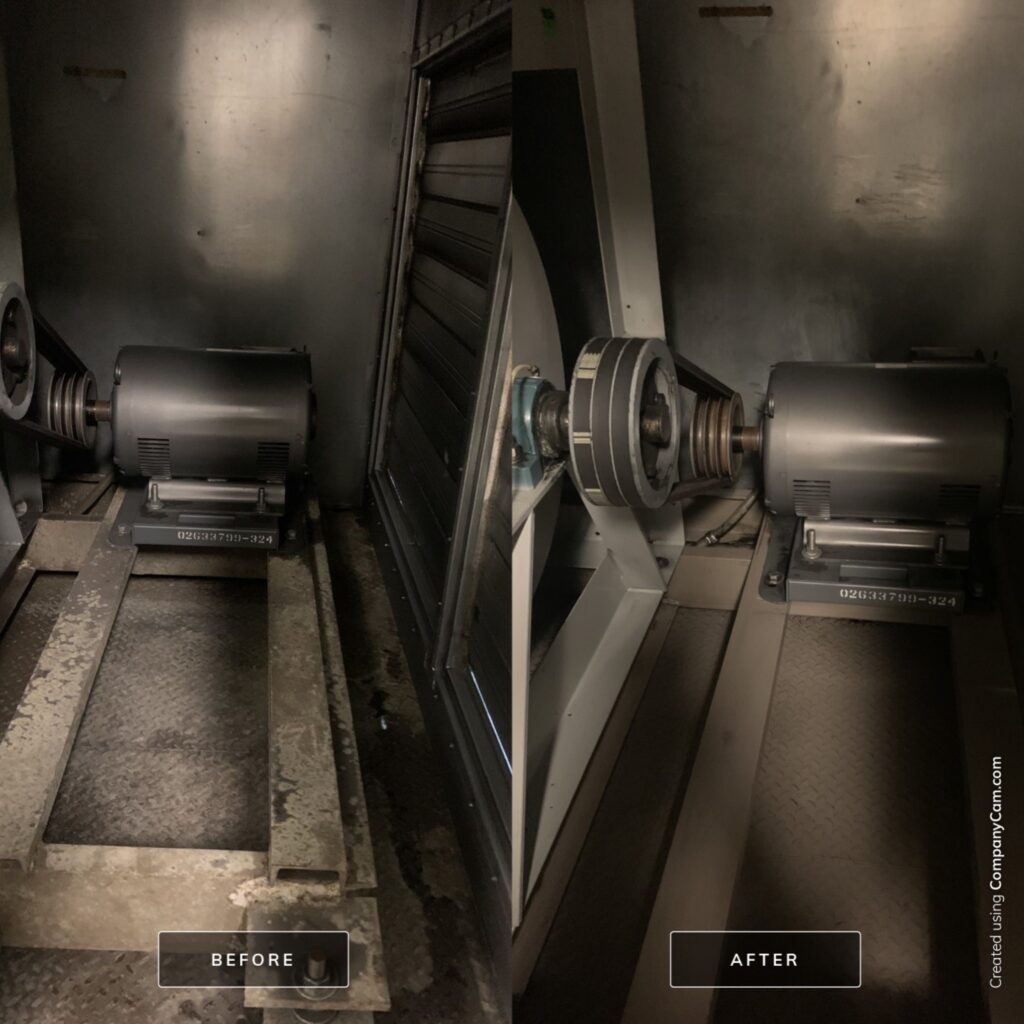Before and after images of commercial air duct cleaning show improved cleanliness and airflow