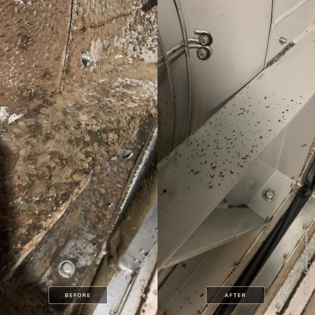 Dirty air duct before and clean air duct after professional commercial duct cleaning service