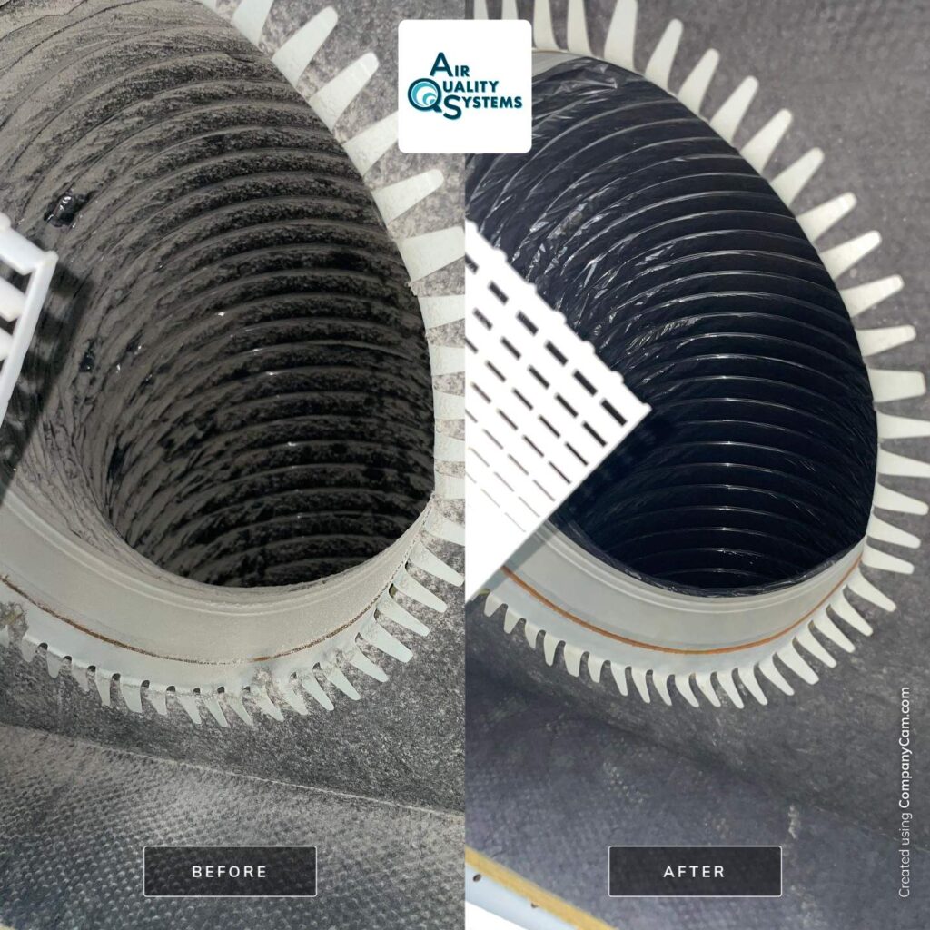 Before and after image of dirty and cleaned HVAC air ducts, showing Air Quality Systems' effective service.