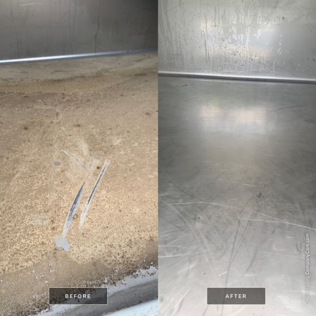 Before and after images showing dirty air duct floor covered in dust and debris, then cleaned to reveal bare concrete