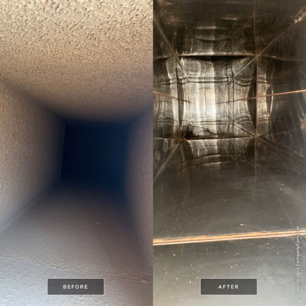 Before and after comparison of dirty air ducts cleaned by professional commercial duct cleaning services