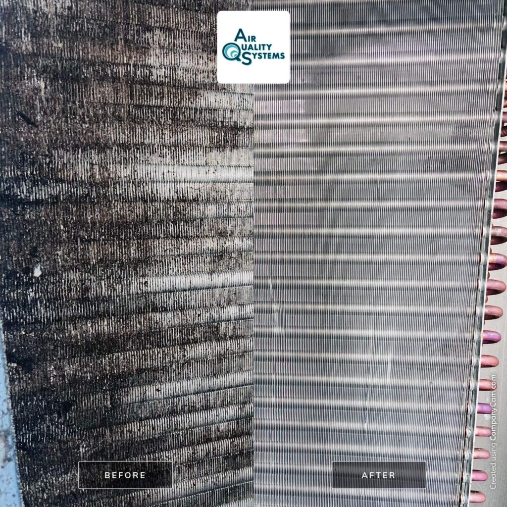 Before and after comparison of dirty vs. clean air conditioner coils, demonstrating effective AC duct cleaning service.