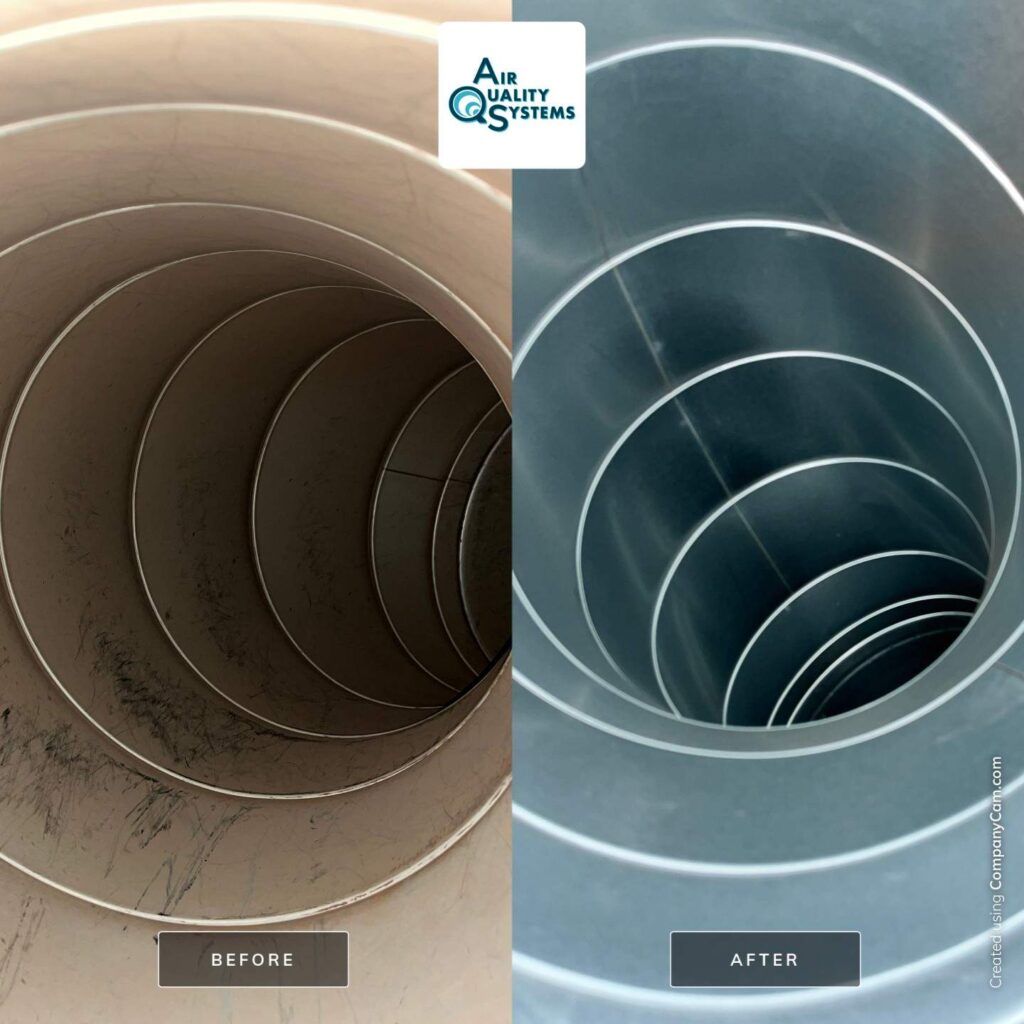 Before and after air duct cleaning images showcase the effectiveness of Air Quality Systems' services.