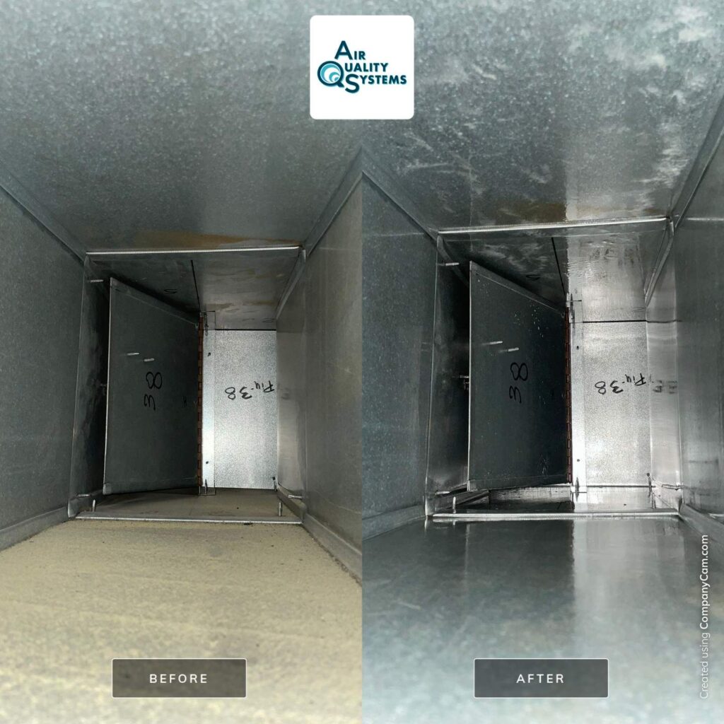Before & after images of commercial air ducts cleaned by Air Quality Systems, removing built-up debris.