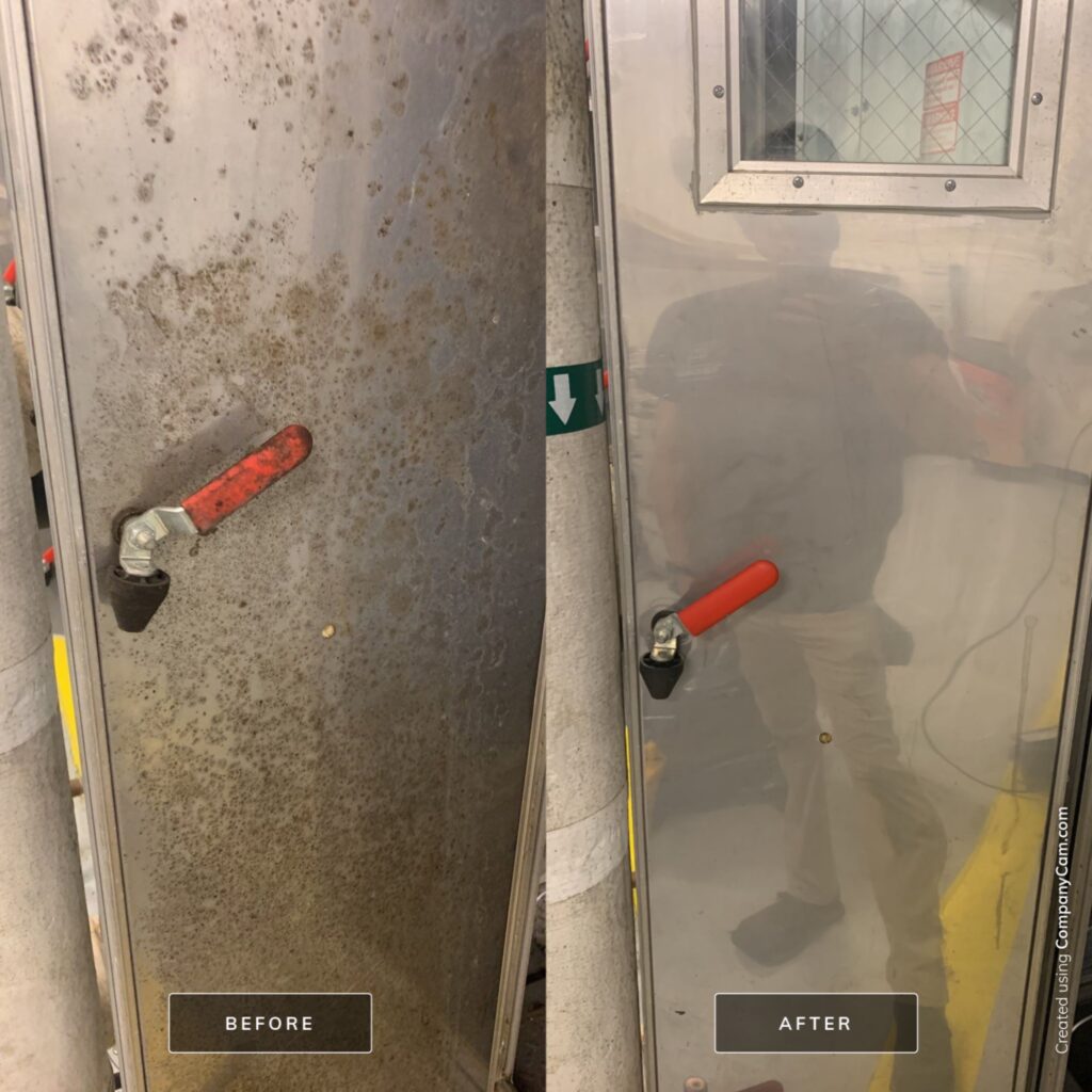 Before and after images showing effective removal of mold, dust and debris from air ducts by thorough cleaning.