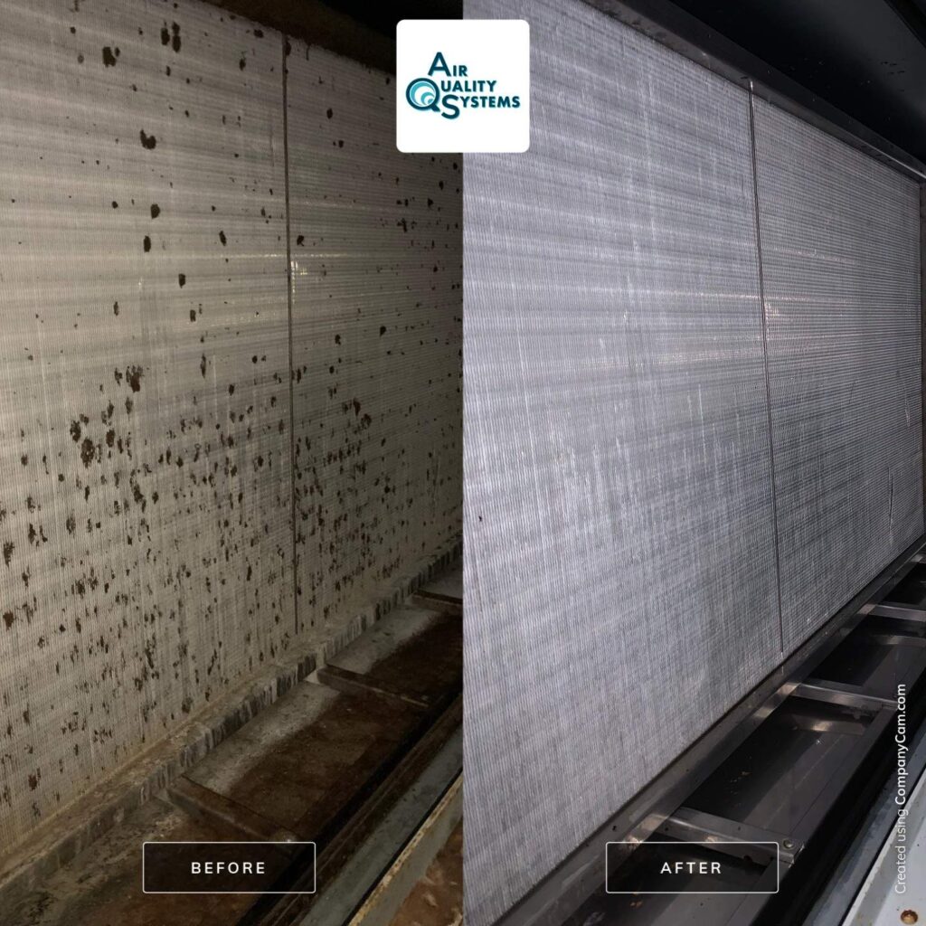 Before and after images show the effective removal of dirt buildup from commercial air ducts by Air Quality Systems.