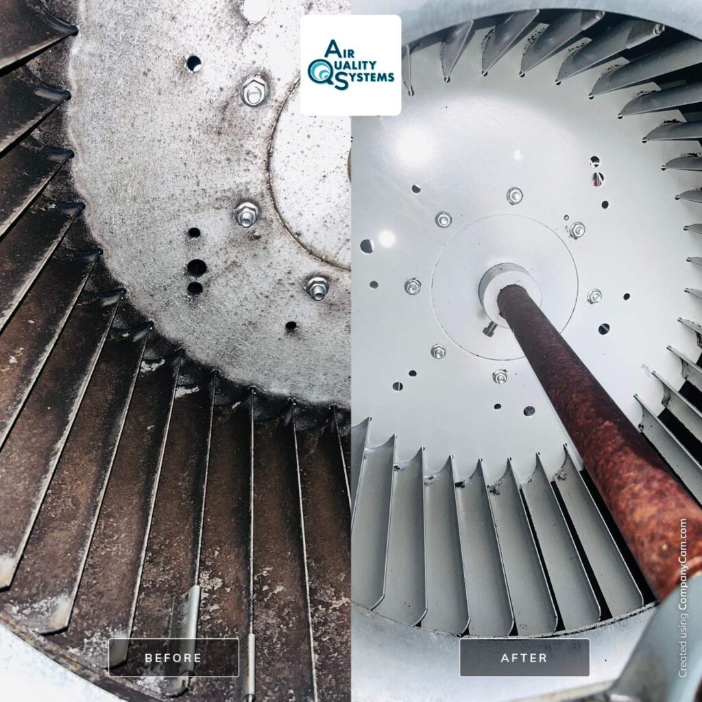 Before and after images of a commercial air duct cleaning by Air Quality Systems, improving airflow and cleanliness.