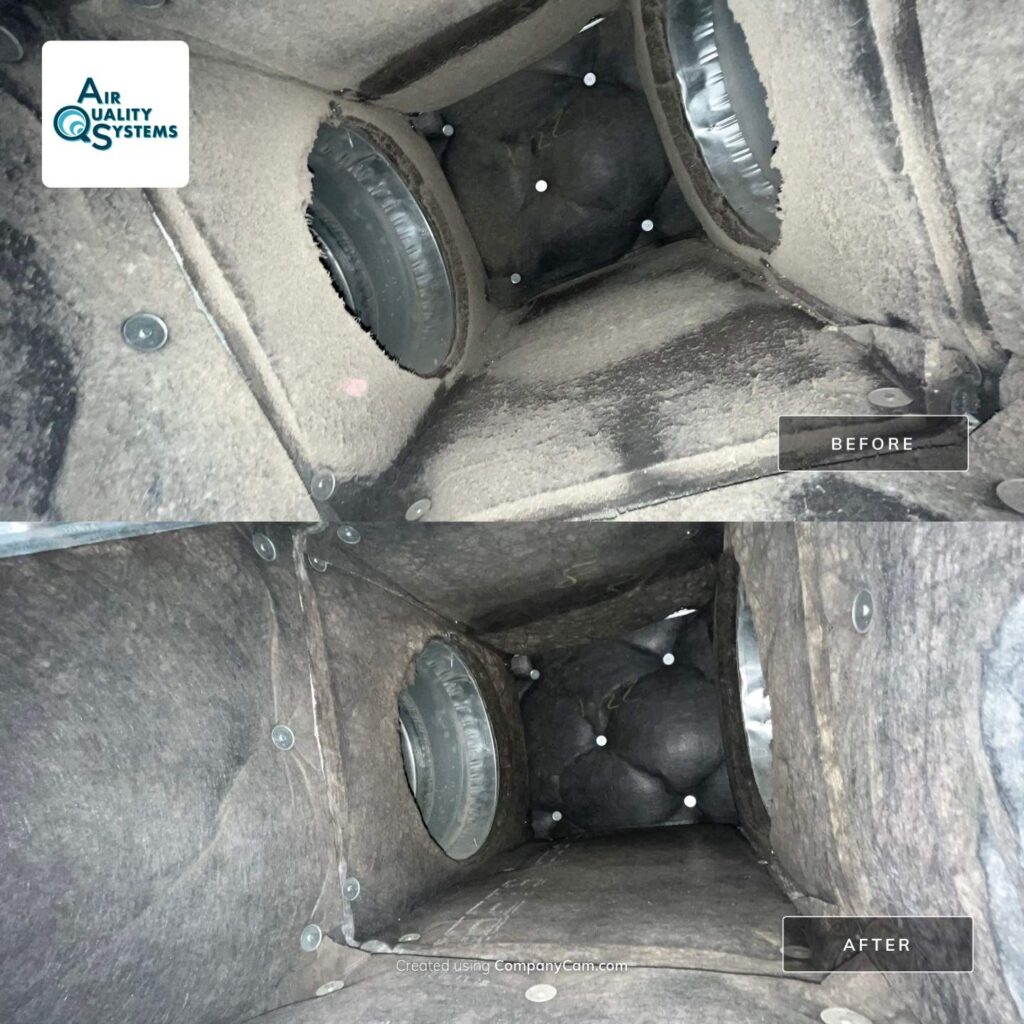 Dirty air ducts before and after professional cleaning by Air Quality Systems, improving indoor air quality