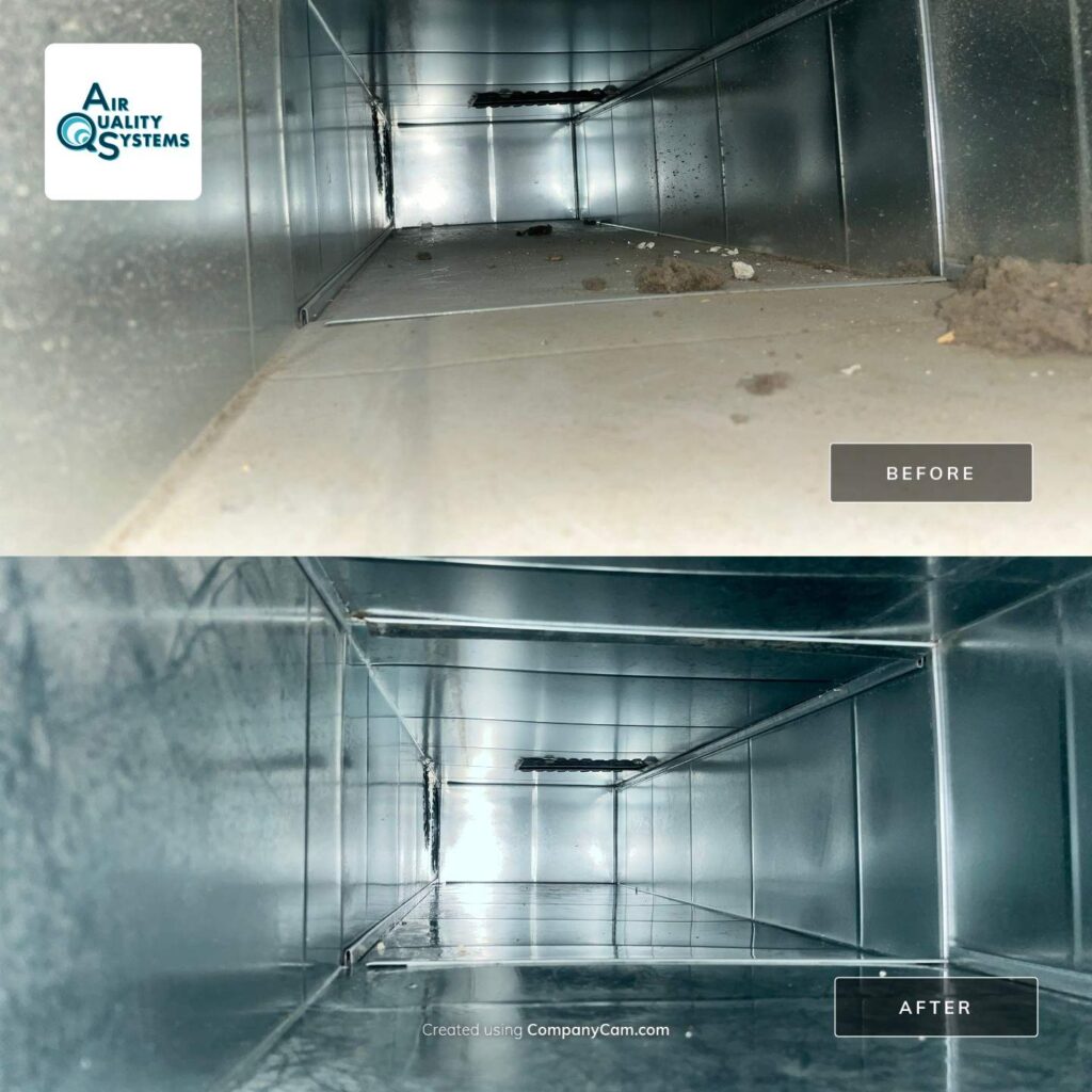 Before and after images of a dirty and cleaned commercial air duct, showing effective duct cleaning results.