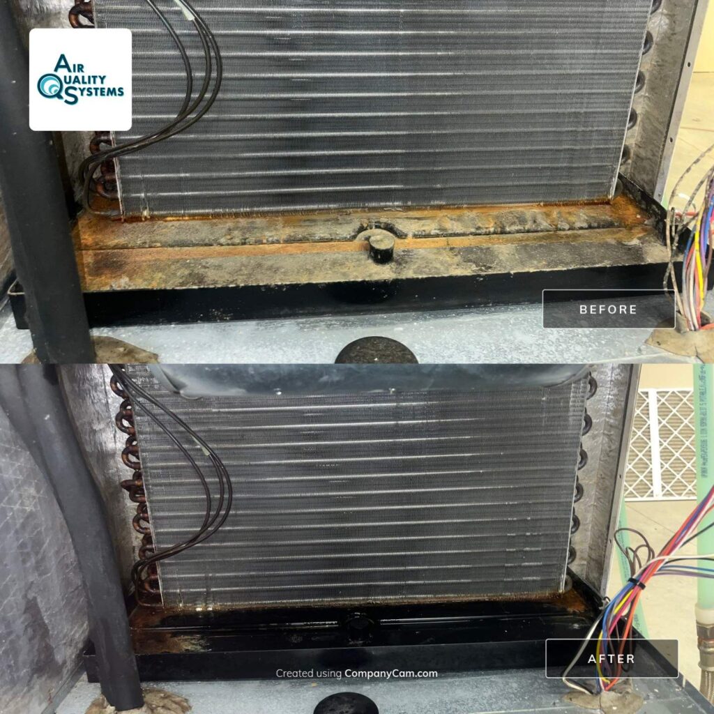 Before and after image of a residential HVAC air duct cleaning service, showing improved air quality.