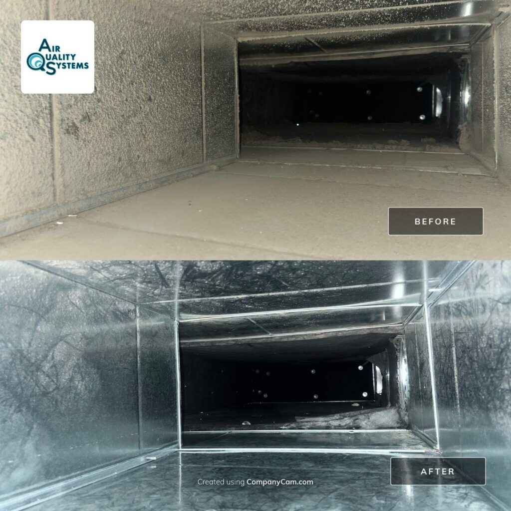 Before and after images of an air duct cleaning service, showing improved cleanliness and air quality.