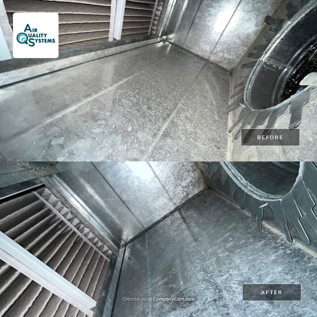Commercial air duct cleaning before and after comparison showing improved cleanliness and air quality.