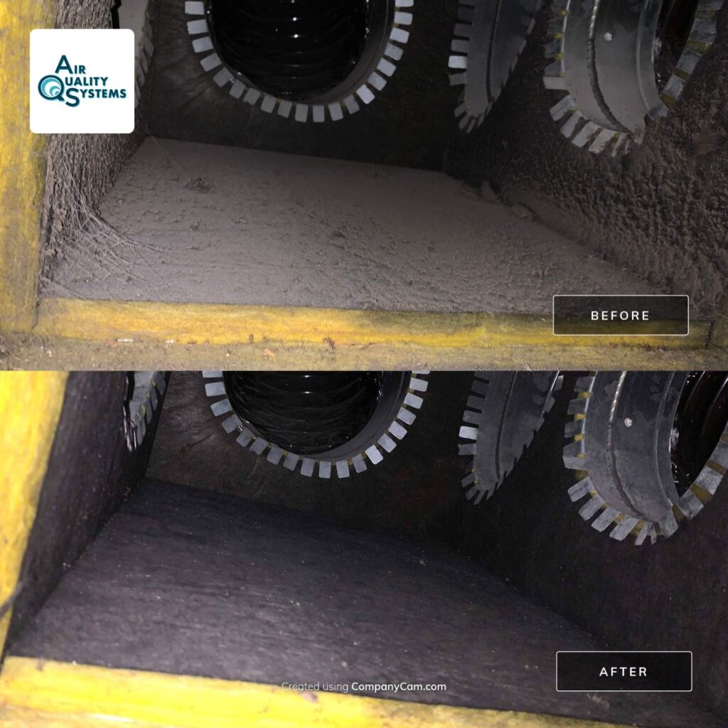 Before and after images of commercial duct cleaning show improved air quality and system efficiency.