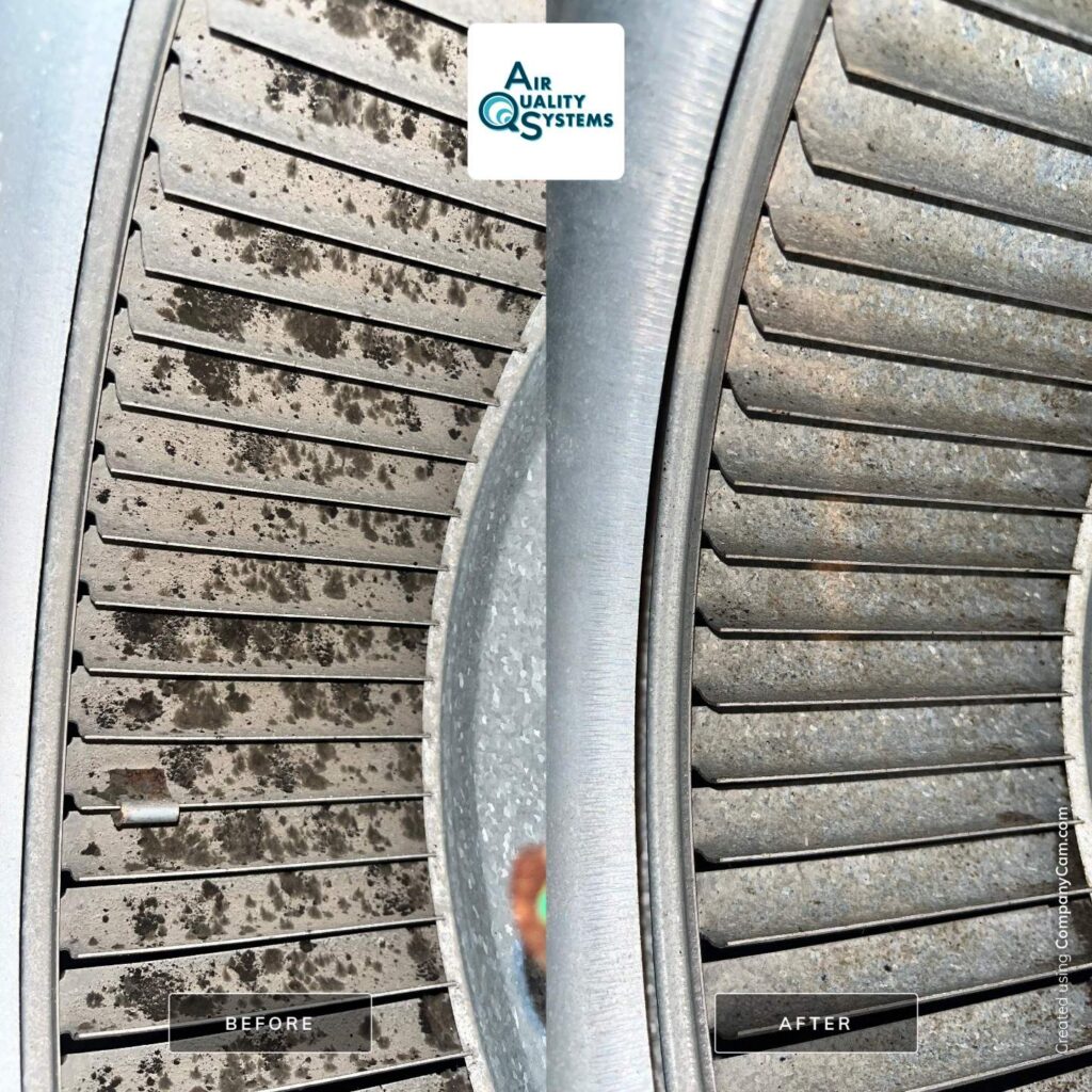 Before and after images of dirty and clean air ducts, demonstrating the results of professional duct cleaning services.