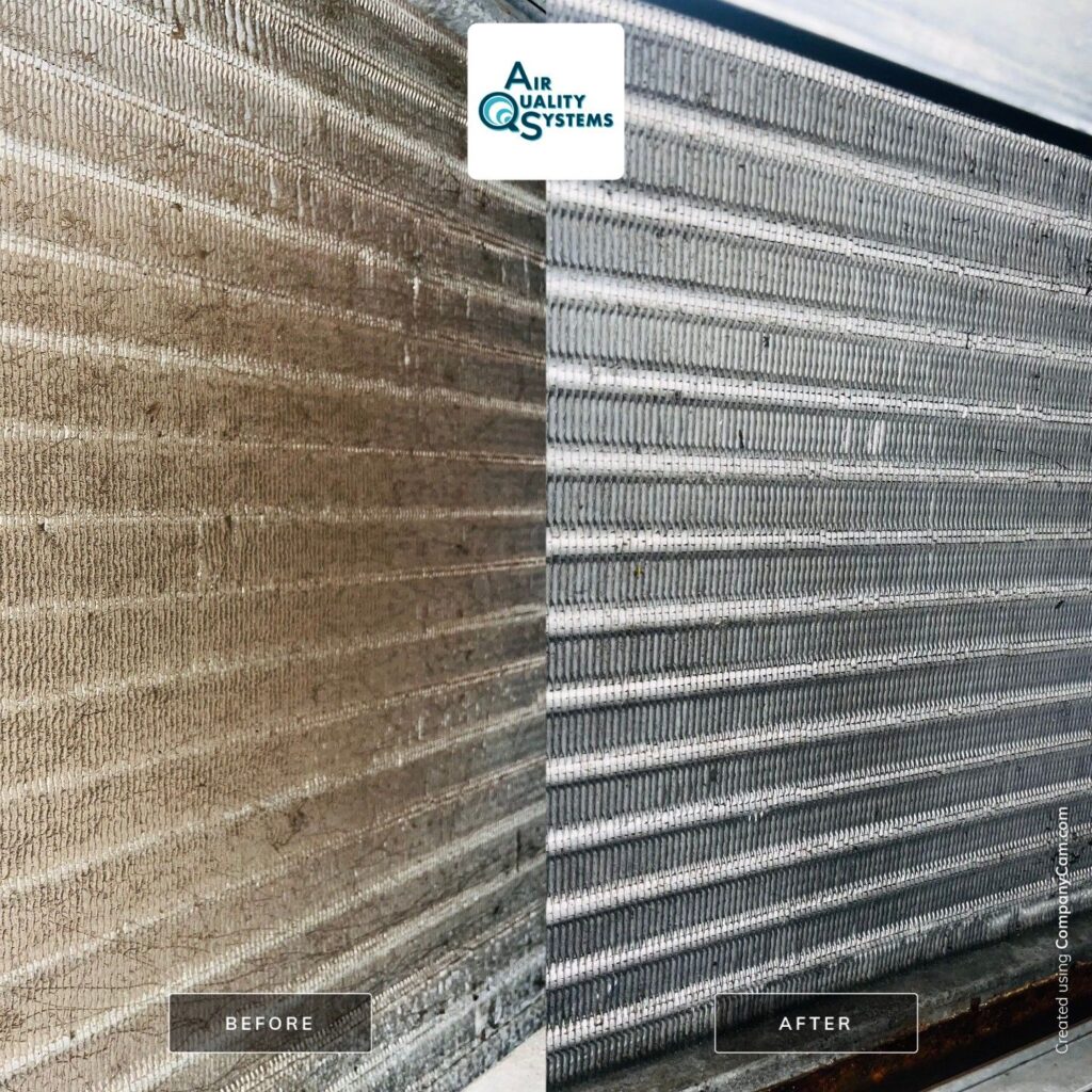 Before and after comparison of dirty vs. clean HVAC air ducts, highlighting Air Quality Systems' cleaning services.