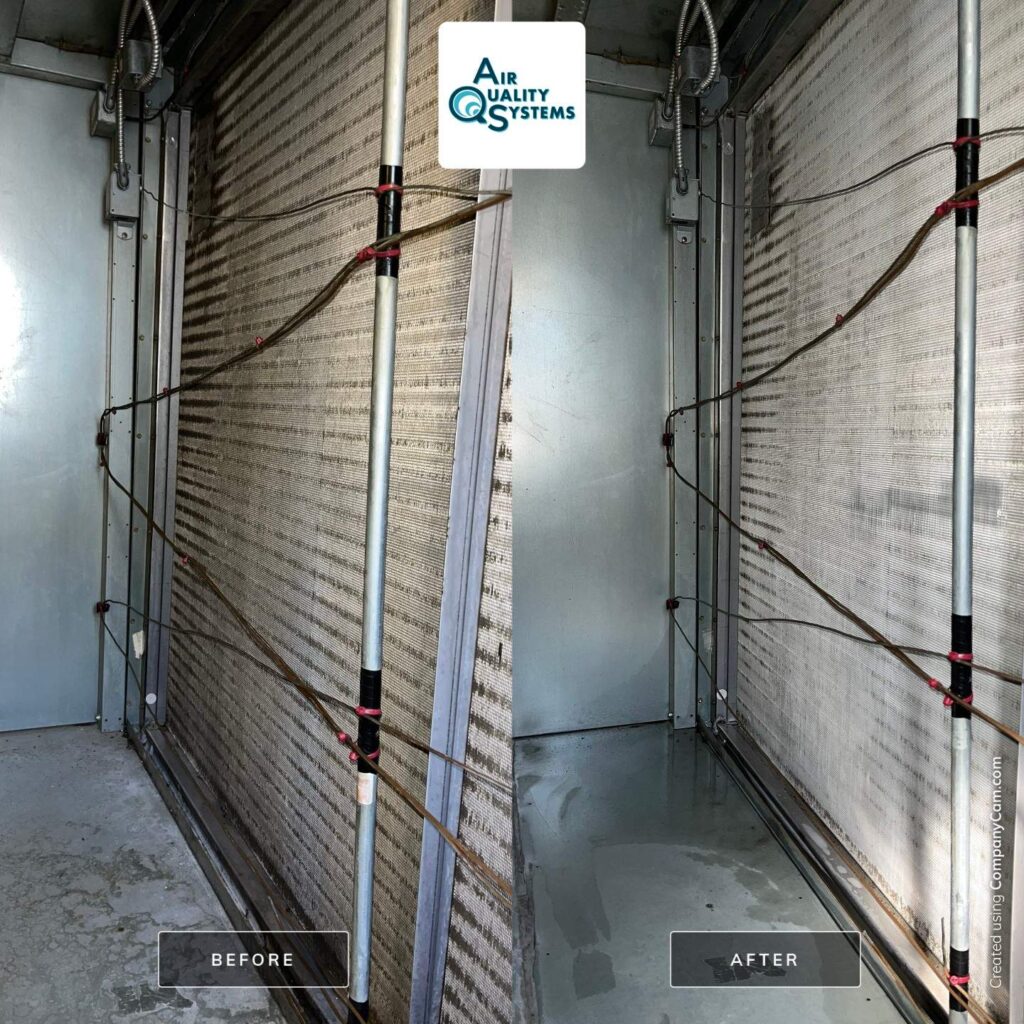 Dirty air duct system before and after professional cleaning by Air Quality Systems, improving indoor air.