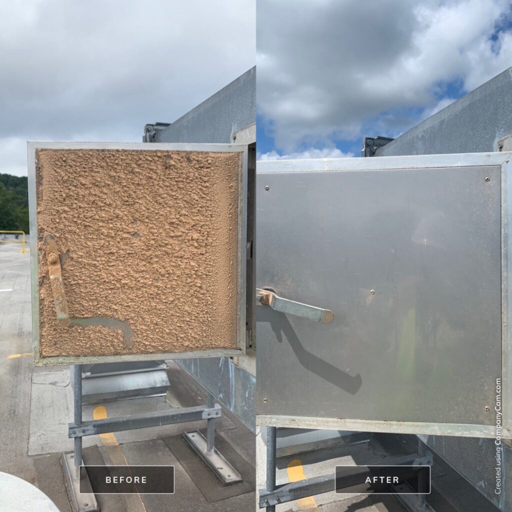 Before and after comparison of dirty and cleaned commercial HVAC air ducts by professional cleaners