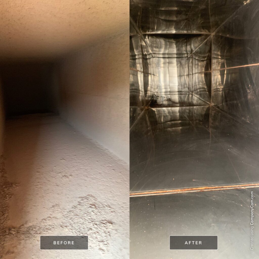 Dirty air duct before and after cleaning comparison, showing improved air quality and cleanliness.