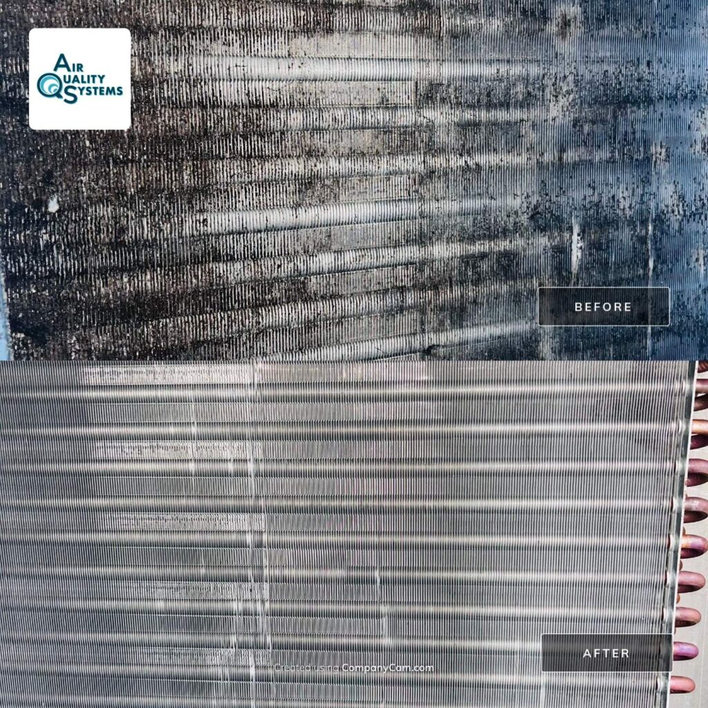 Before and after image of residential air duct cleaning showing improved air quality and cleanliness.