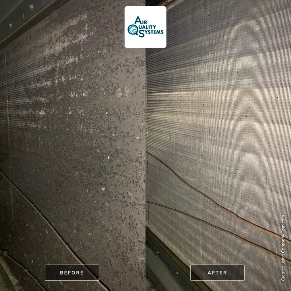 Dirty and clean air duct comparison showcasing Air Quality Systems' effective duct cleaning services