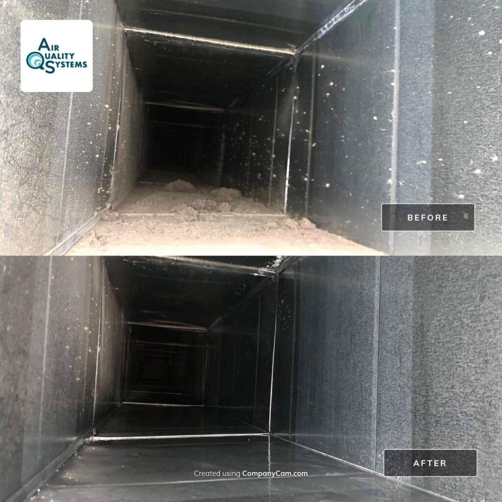 Before and after images show effective air duct cleaning by Air Quality Systems, removing built-up debris.