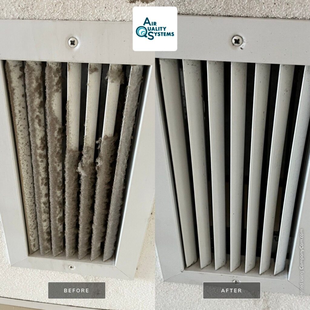 Before and after air duct cleaning by Air Quality Systems, highlighting effective removal of built-up debris.
