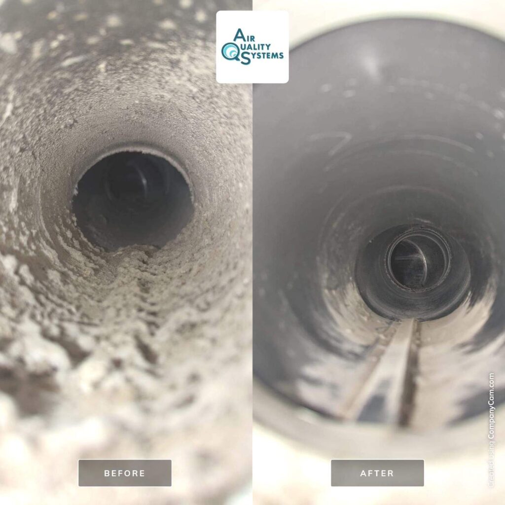 Before and after images showing cleaned air ducts, demonstrating thorough removal of dust and debris