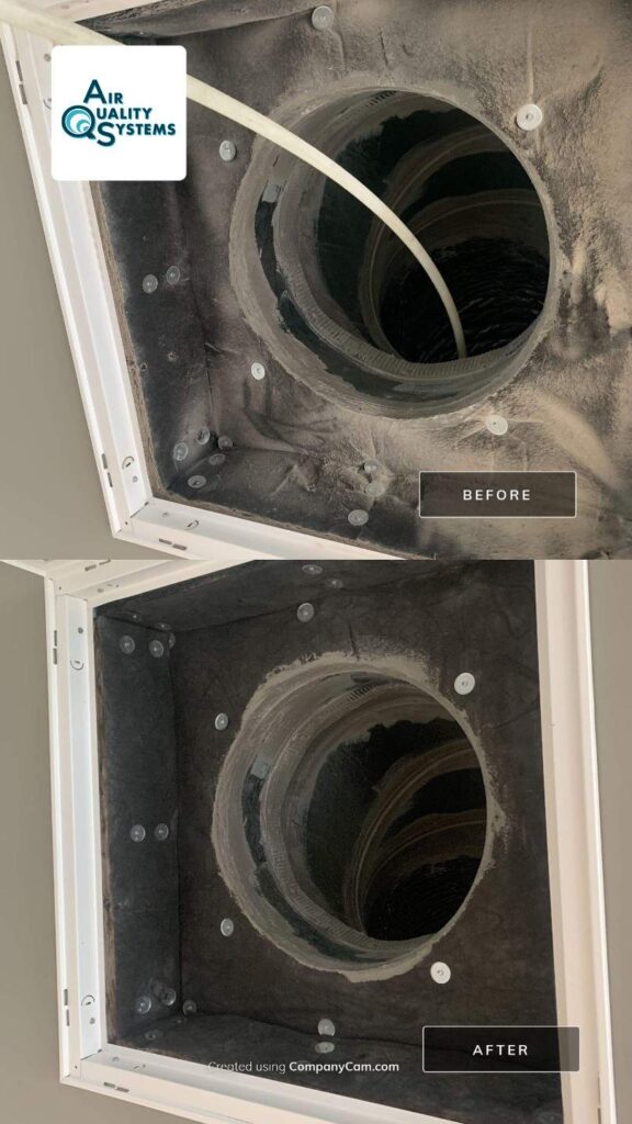 Before and after images show dirty air ducts thoroughly cleaned by Air Quality Systems professionals