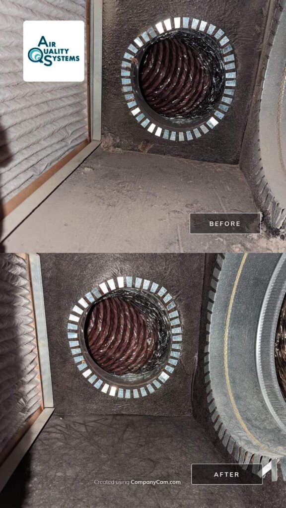 Before and after images showing a dirty HVAC vent cleaned by Air Quality Systems' duct cleaning service