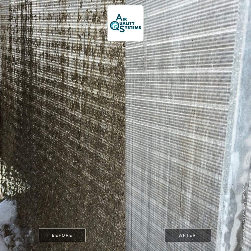 Dirty air duct filter before cleaning and clean filter after Air Quality Systems service