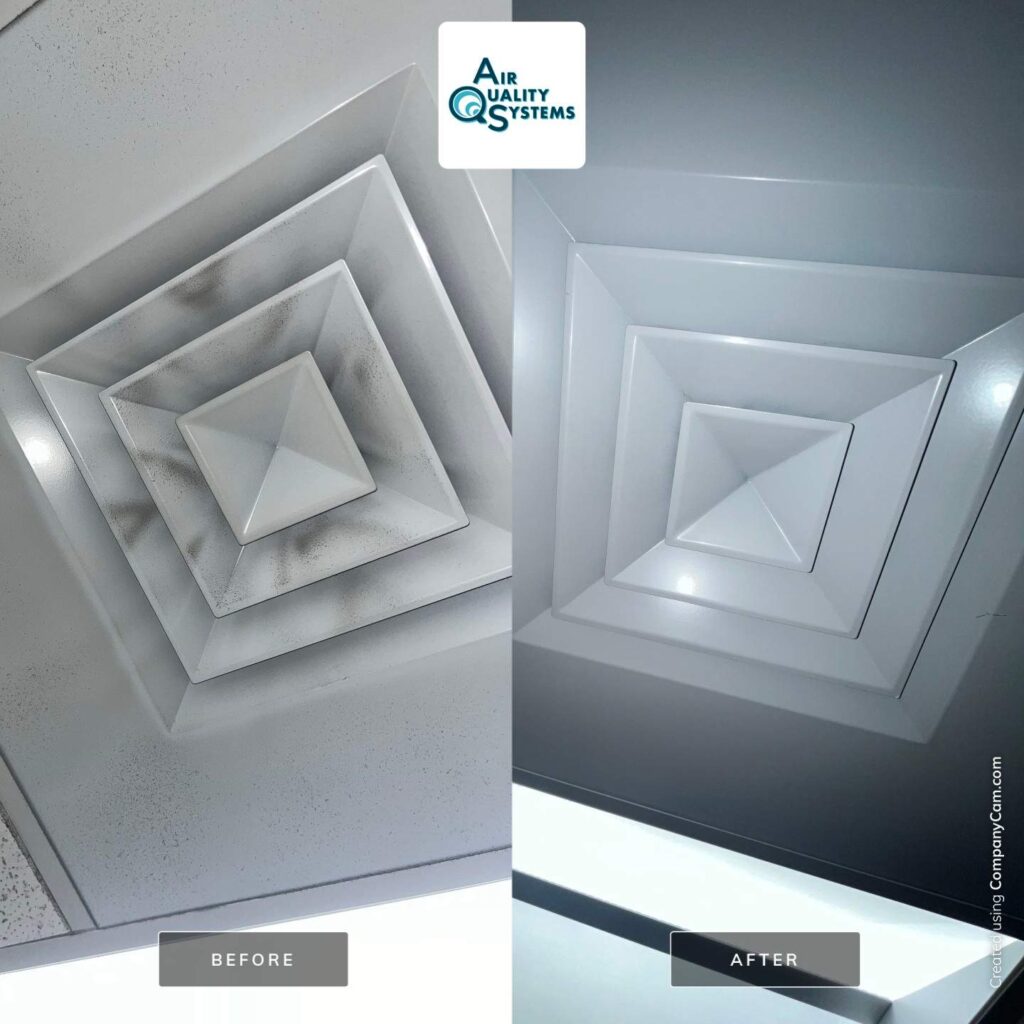Before and after images of commercial air duct cleaning, showing improved air quality and cleanliness.