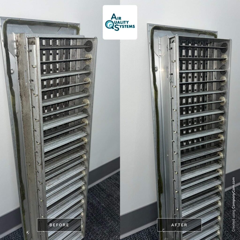 Before and after images of dirty and cleaned commercial air vent system, showing effective duct cleaning service by Air Quality Systems.