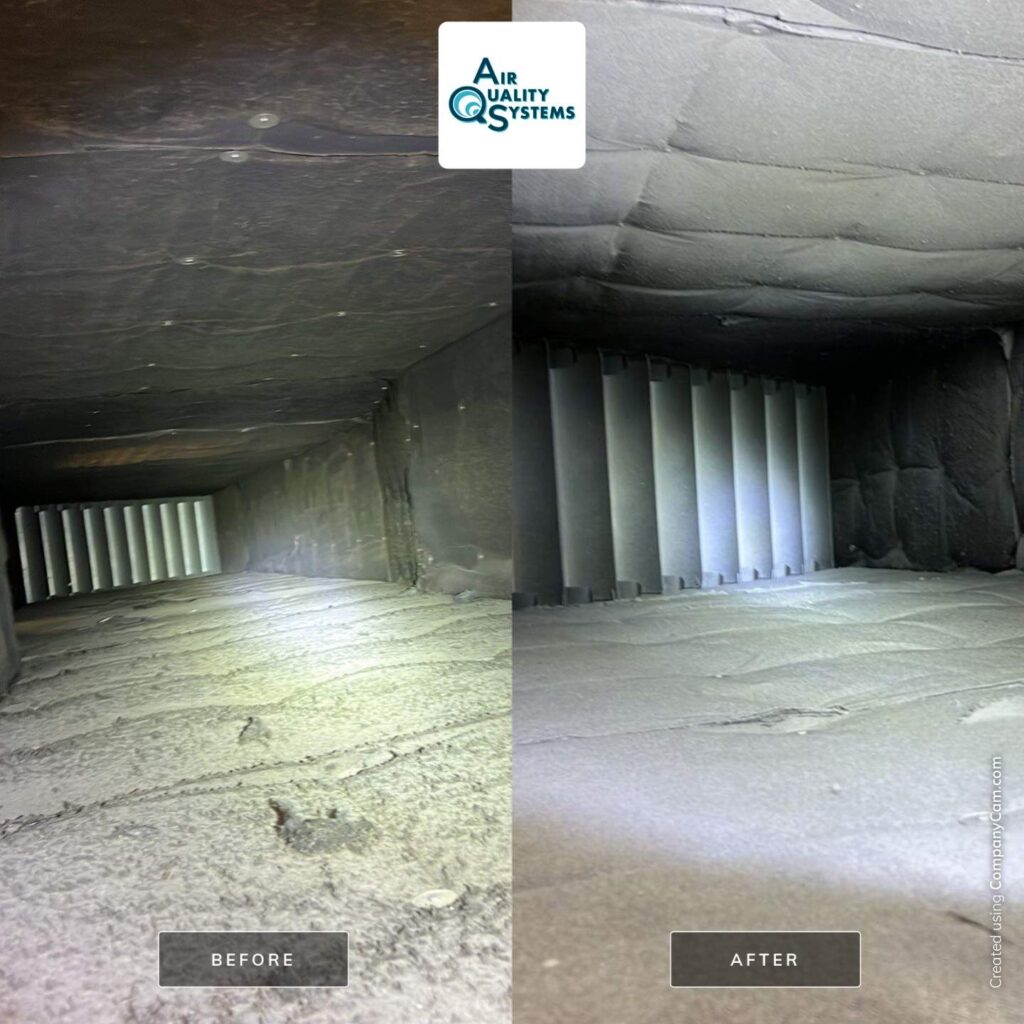 Before and after images of an air duct cleaning by Air Quality Systems, showing improved cleanliness.