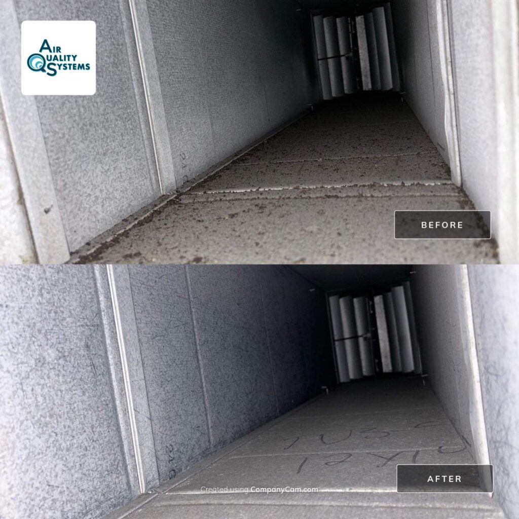 Before and after images showing dirty air duct cleaned by Air Quality Systems, improving indoor air quality.