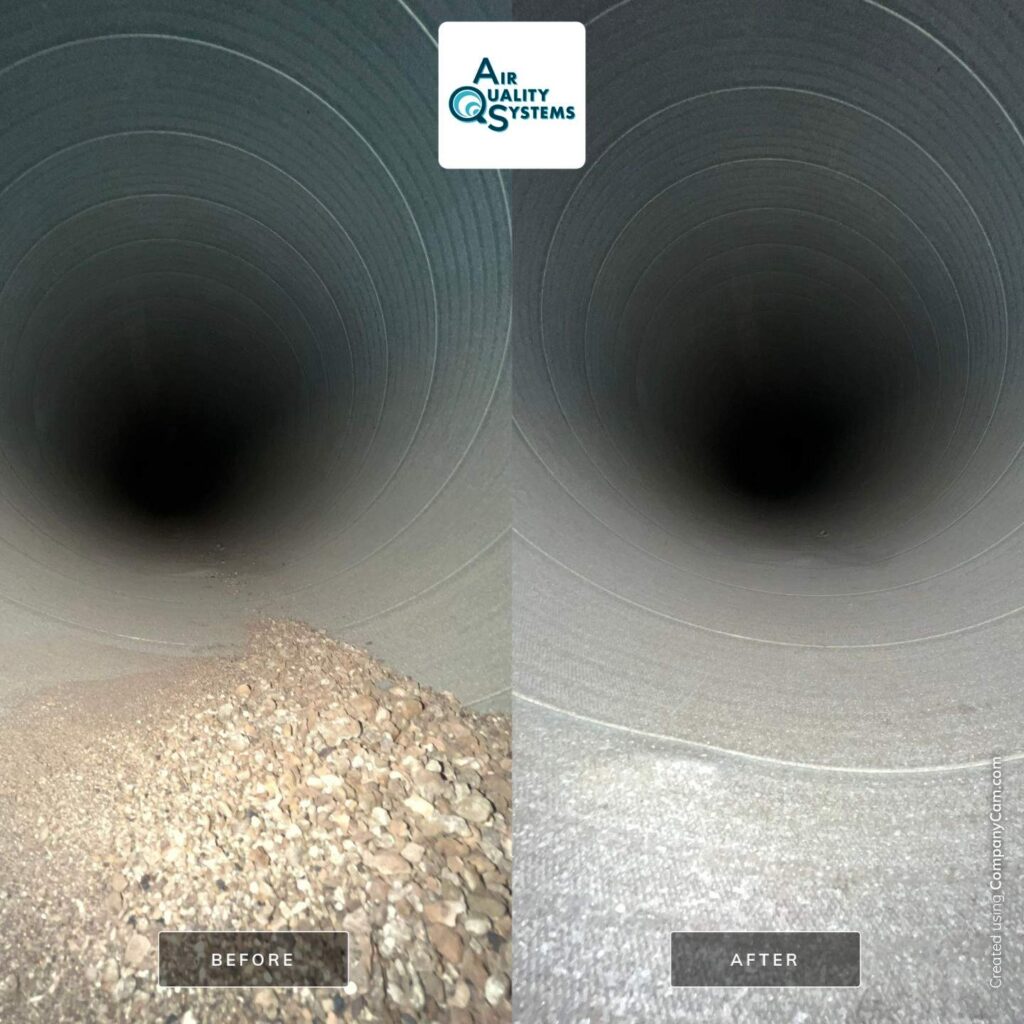 Duct cleaning before & after: Remove built-up debris for improved air quality and HVAC efficiency. The alt text concisely describes the before and after images showing the results of professional duct cleaning services, while incorporating relevant keywords for SEO on the company's website. It highlights key benefits customers can expect in under 100 characters.