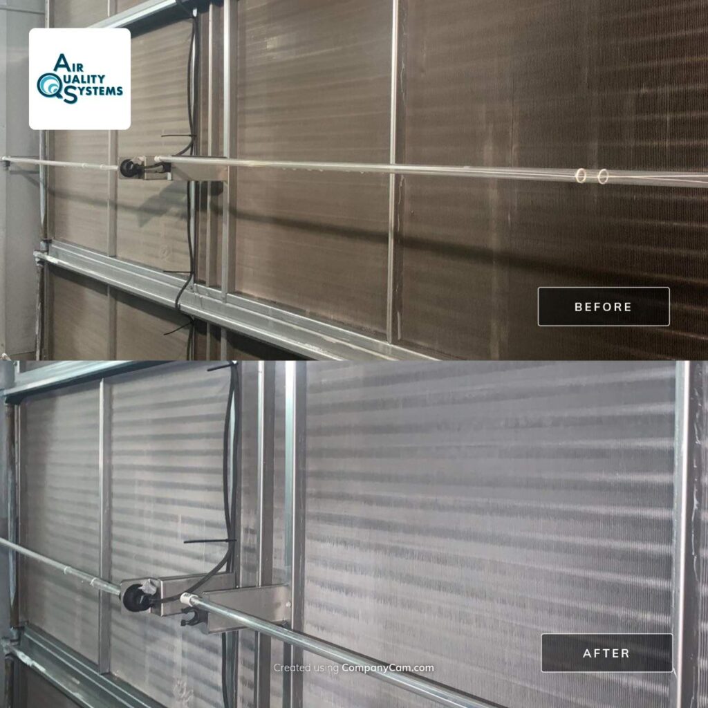 Air Quality Systems before-and-after photo showing effective commercial air duct cleaning results