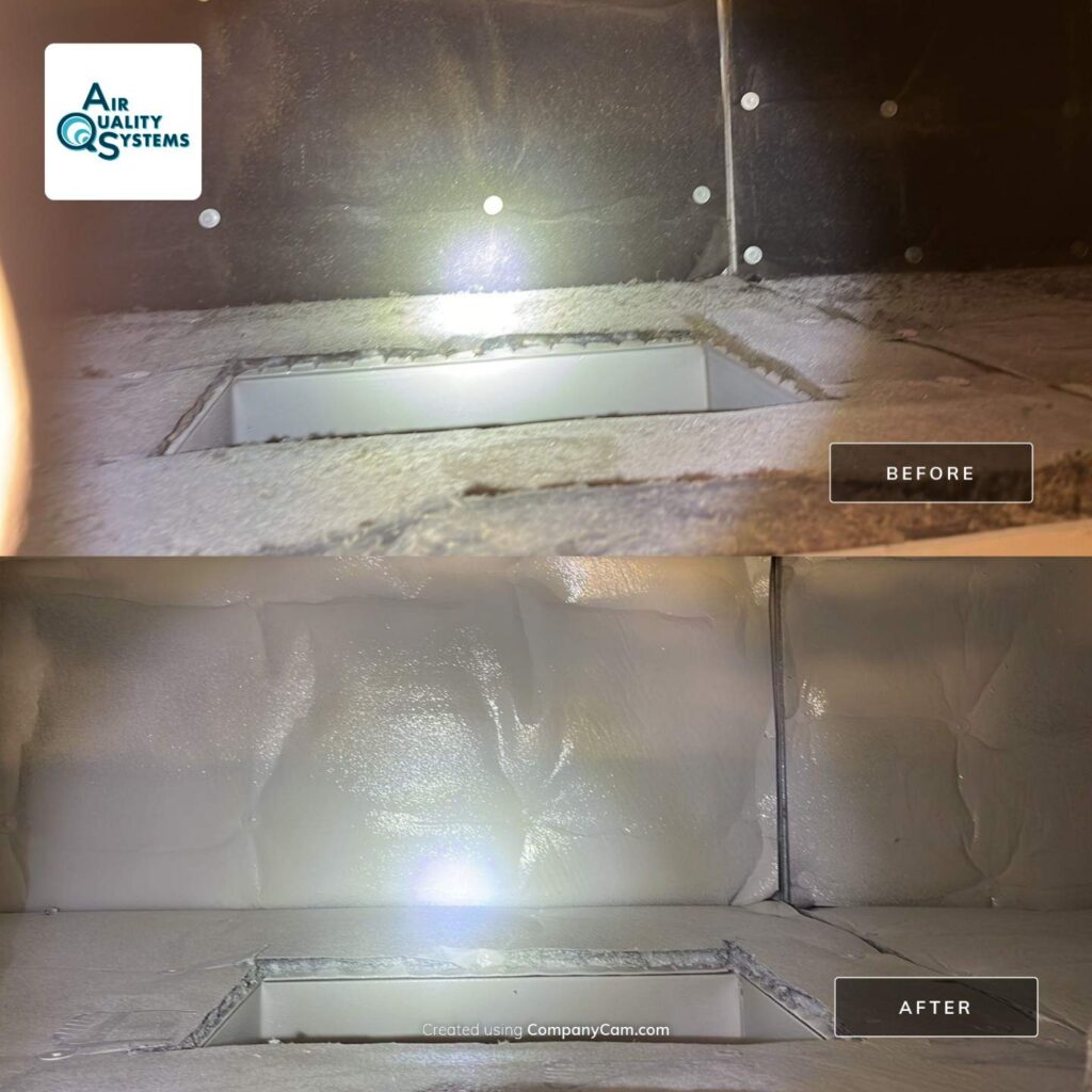 Before and after image of air duct cleaning showing improved cleanliness and air quality. Air Quality Systems provides effective commercial and residential duct cleaning services to enhance indoor air quality and HVAC system efficiency.