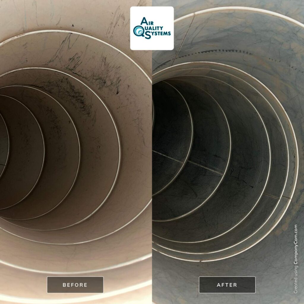 Before and after image of air duct cleaning showing improved cleanliness and air quality by Air Quality Systems