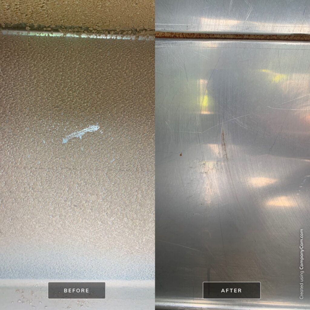 Before and after comparison of dirty and clean metal air ducts, showing effective duct cleaning results