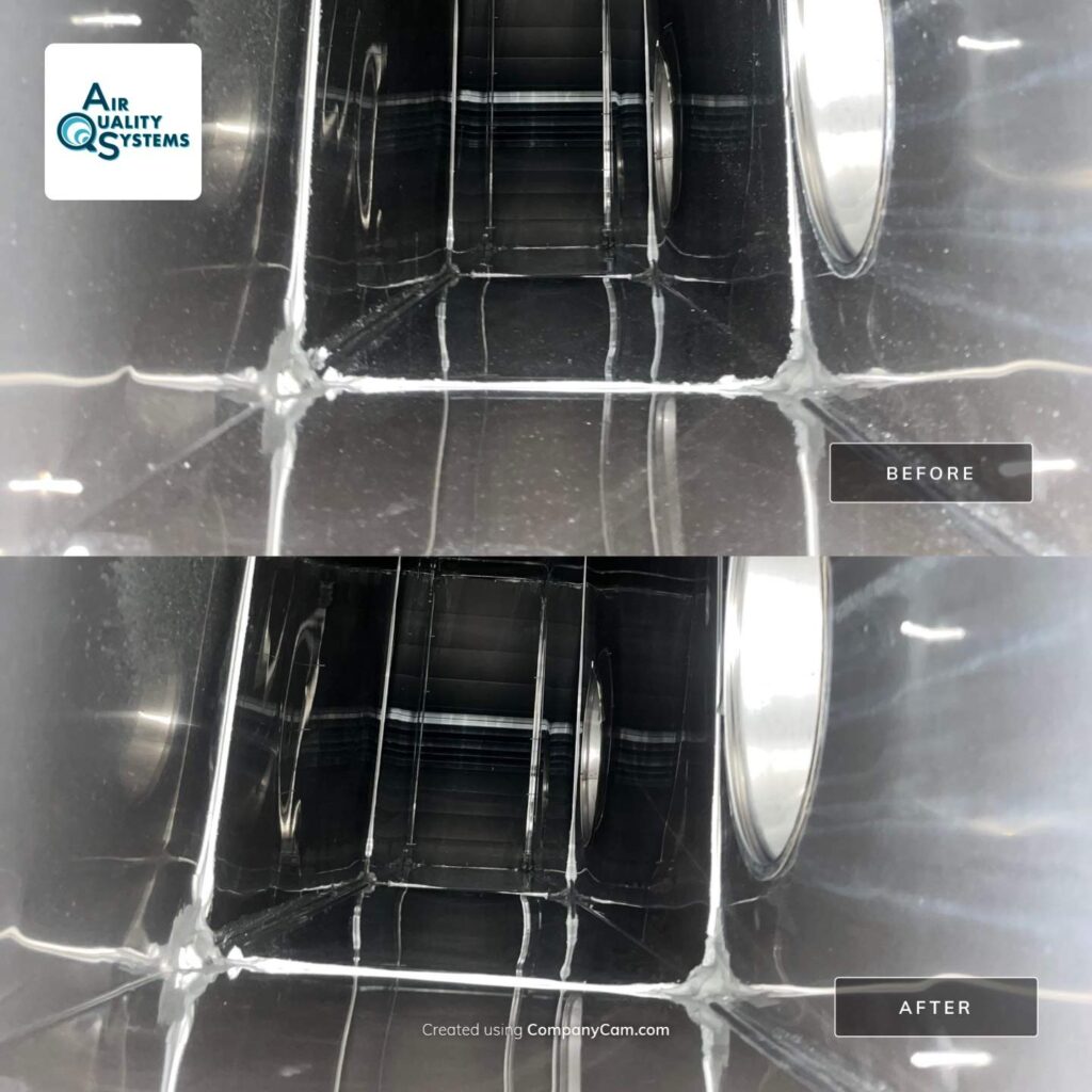 Before and after images of dirty and cleaned commercial air ducts, showing the effectiveness of professional duct cleaning services.