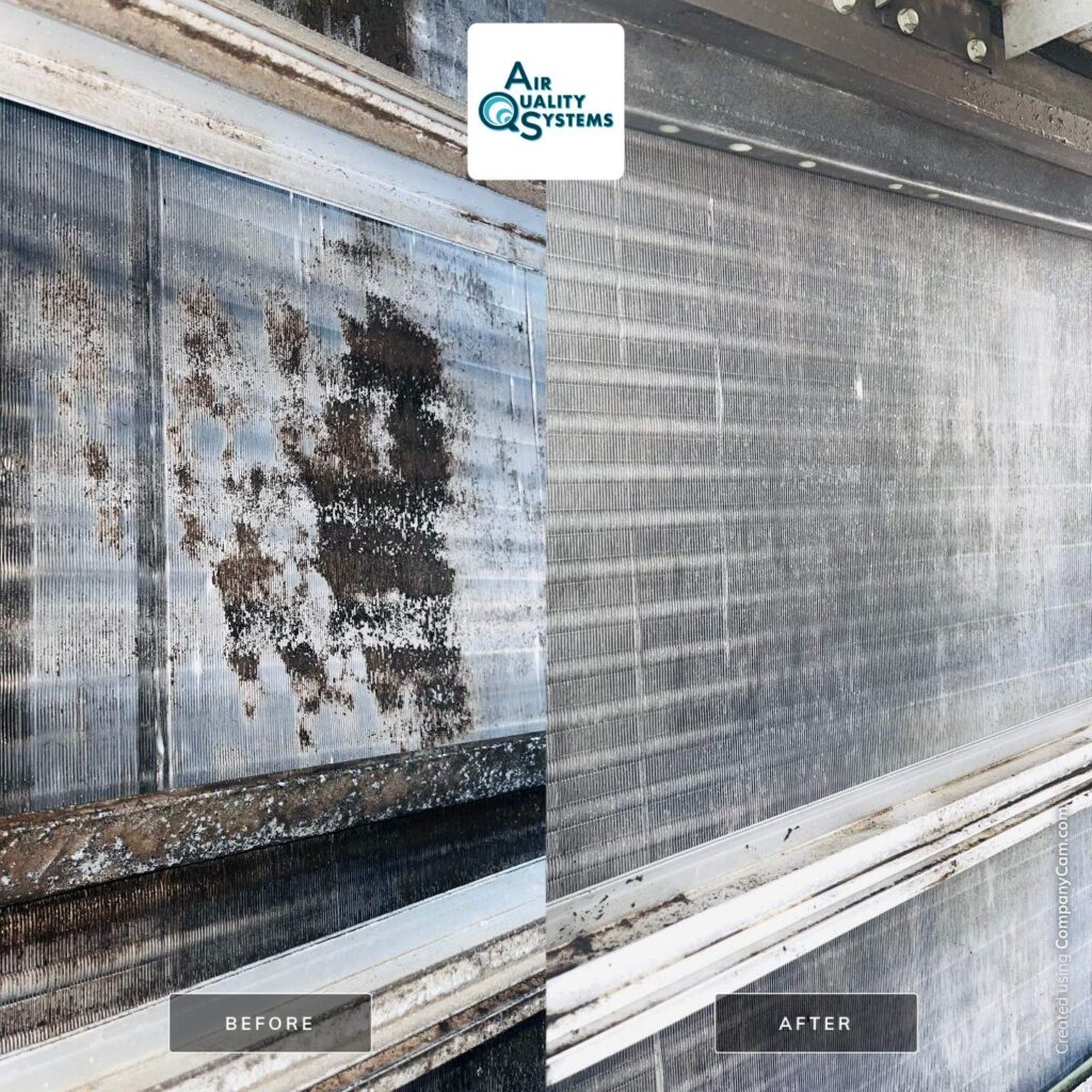 Before and after comparison of dirty and clean commercial HVAC air ducts, showing Air Quality Systems logo