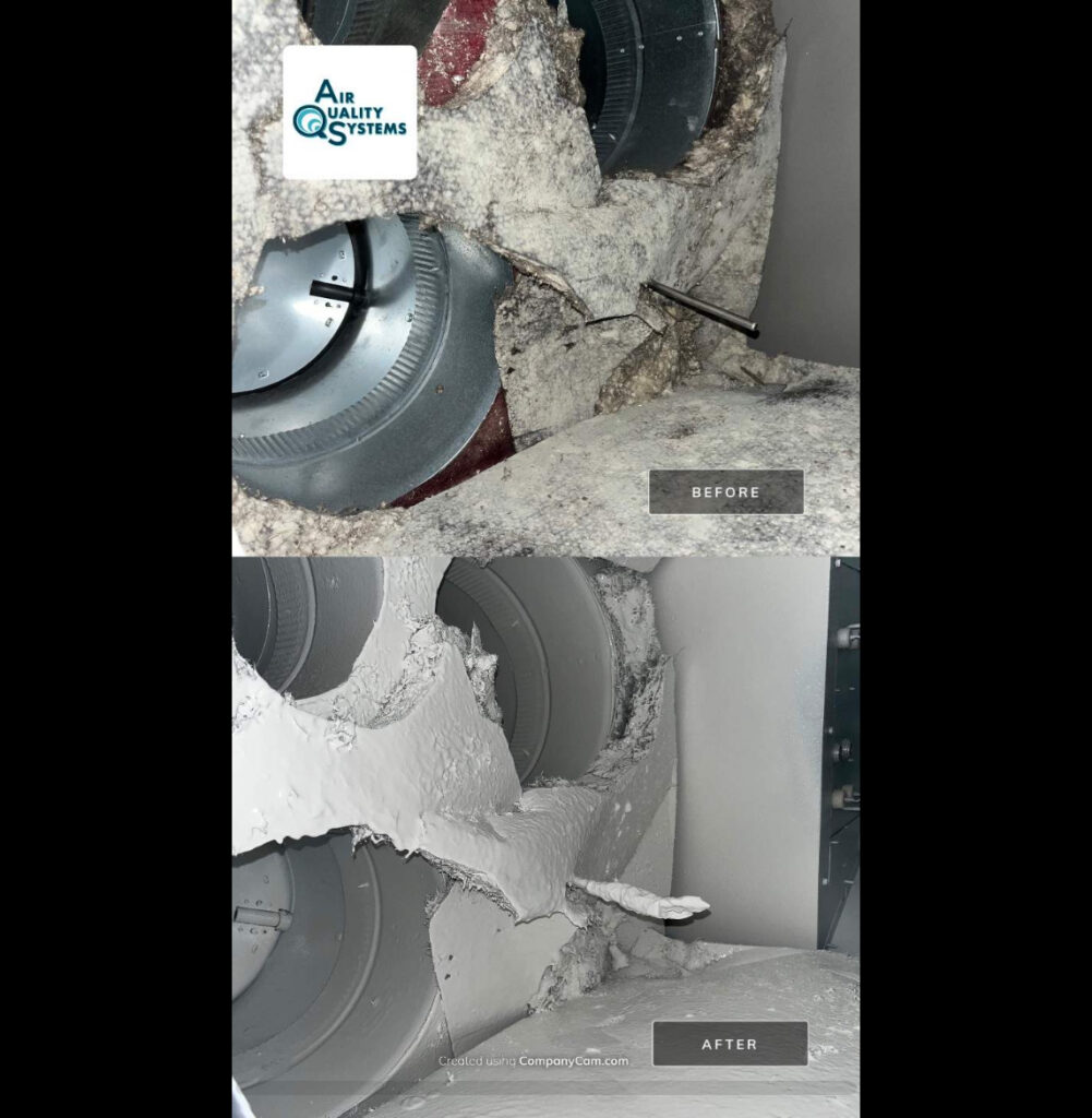 Before and after images of dirty, debris-filled air ducts cleaned by Air Quality Systems. | Air duct cleaning