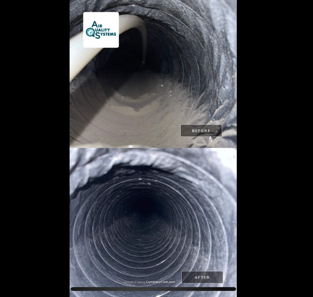 Air duct cleaning before and after comparison showing dust and debris removal for improved air quality
